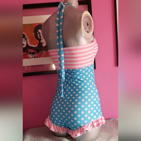 Rare Queen of Heartz pink stripe blue polka dot retro pinup swimsuit size S - Picture 2 of 12